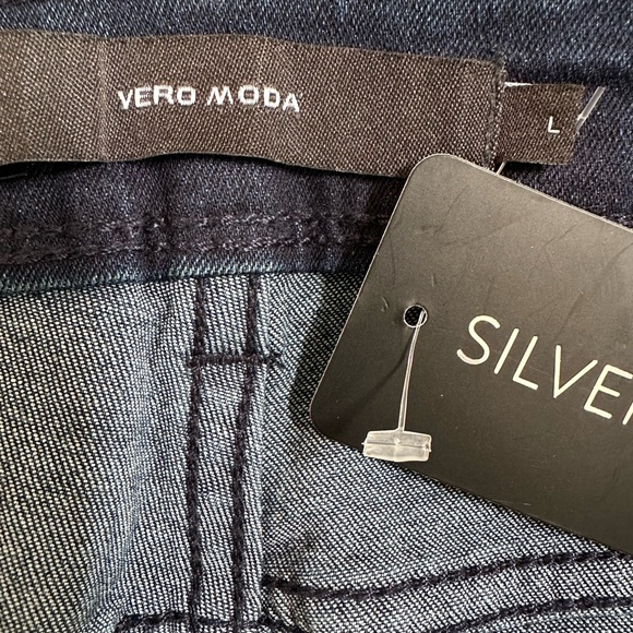 VERO MODA Jean Long Shorts Dark Blue 5 Pkts Zip Strtch NWT Sz L - Picture 3 of 11